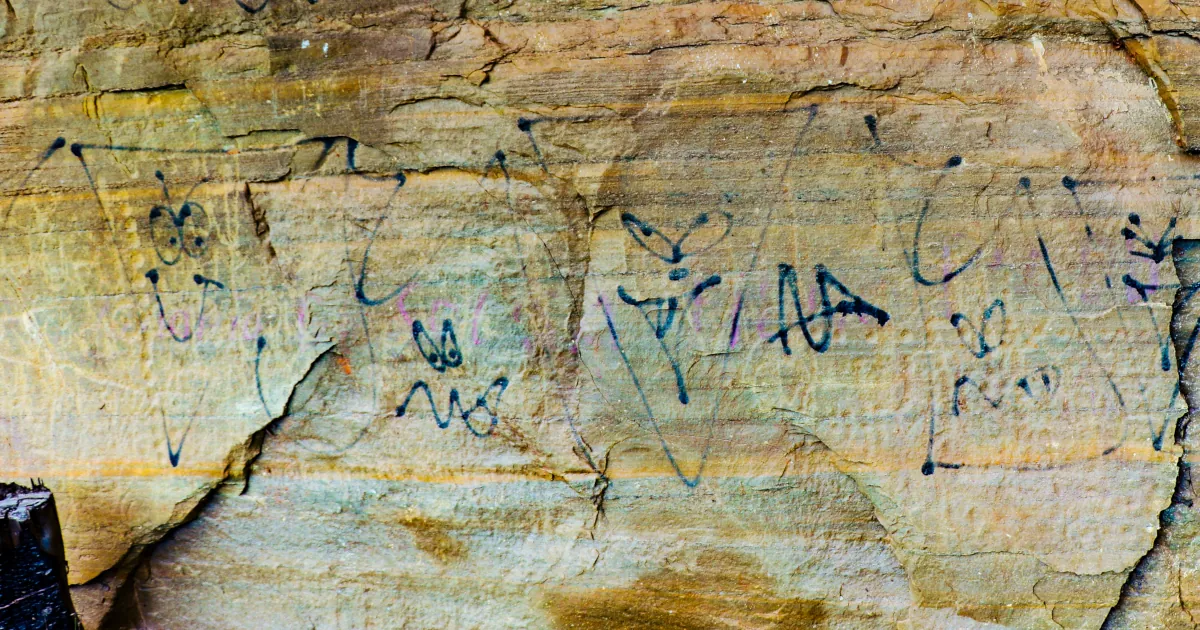 Foto de vandalismo em um sítio arqueológico da Serra do Cipó.