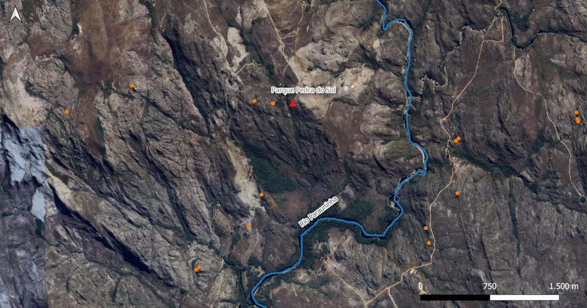 Mapa dos sítios arqueológicos próximos do Parque Pedra do Sol.