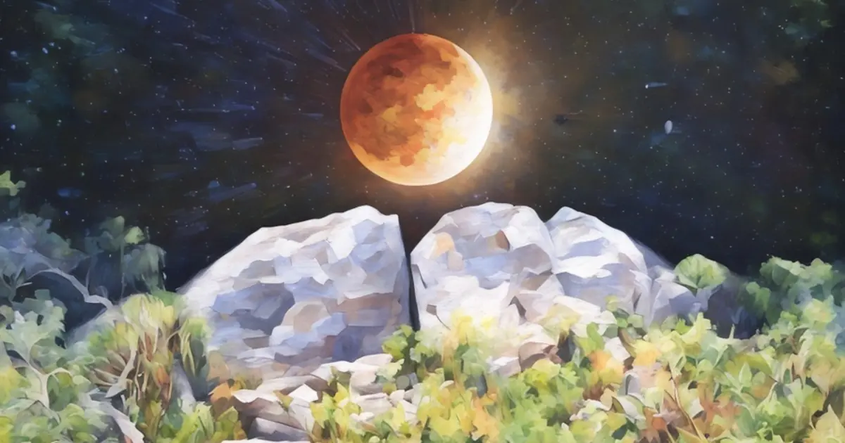 Representação artística do eclipse lunar sobre a Pedra do Sol produzido por IA.