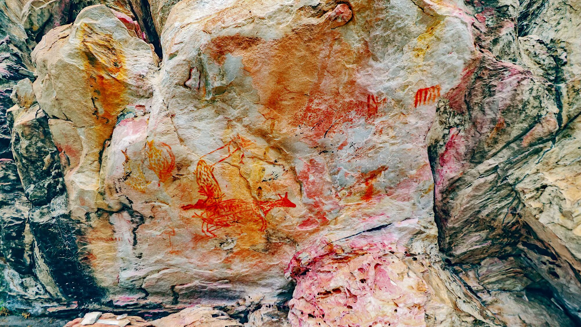 Foto da pintura rupestre ilustrando um cervídeo no sítio arqueológico Lapa Vau da Lagoa em Minas Gerais.