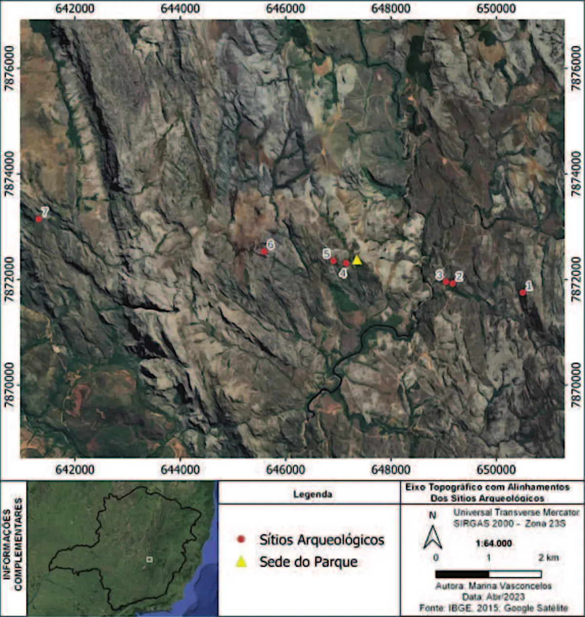 Eixo topográfico com alinhamentos dos sítios arqueológicos da região do Parque Pedra do Sol em Minas Gerais. Imagem realizada e cedida pela arqueóloga do parque, Marina Gomide. São apresentadas imagens dos seguintes sítios arqueológicos neste artigo: 1. Sítio do Cedro. 2 e 3. Gruta dos Bichos. 4. Gruta das Plêiades. 5. Protótipo da Pedra do Sol e Pedra do Sol. 6. Dança do Sol e 7. Sitio Mata Capim.